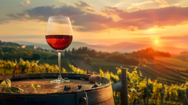 Glass of red wine resting on a rustic wine barrel overlooking a beautiful vineyard landscape at sunset