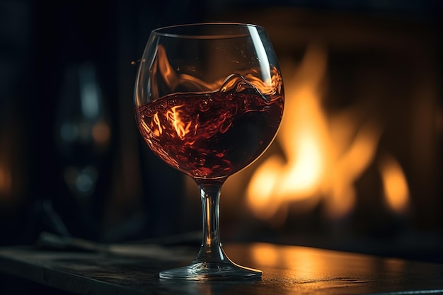 A glass of red wine sits on a table in front of a fireplace.