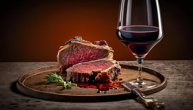 A glass of red wine and a steak on a wooden board with a glass of red wine