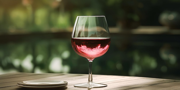 Glass of red wine on the table outdoors on blurred vineyard background