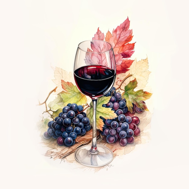 Glass of red wine watercolor illustration on white background