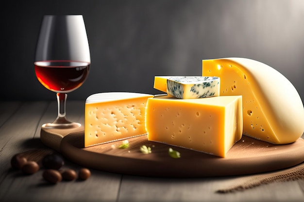 A glass of red wine with cheeses