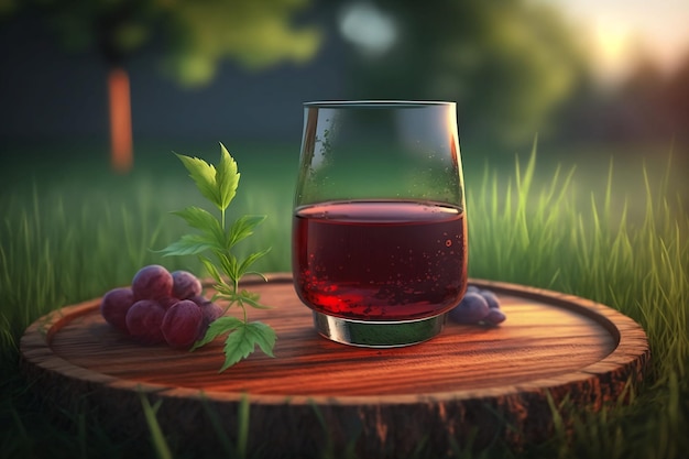 Glass of red wine on wooden tray on green grass