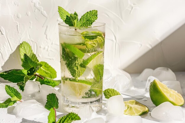 Glass of Refreshing Mojito with Lime Mint Leaves and Ice Cubes Copy Space