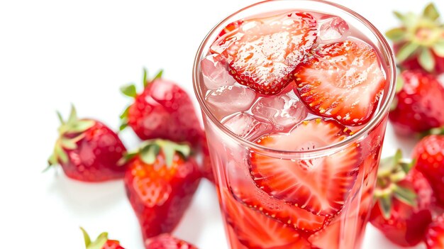 Photo a glass of refreshing strawberry drink with ice and fresh strawberries