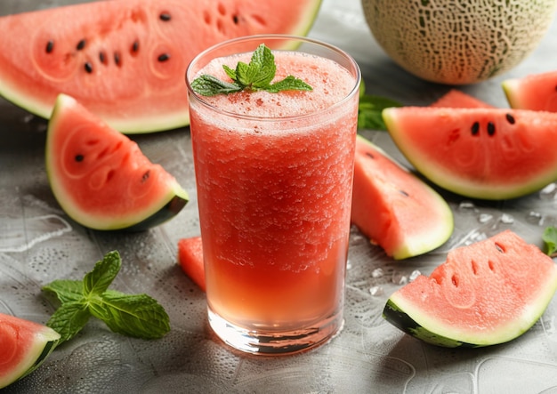 A glass of a refreshing watermelon and mint smoothie on white background