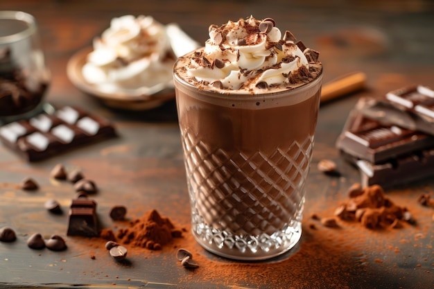 Glass of rich hot chocolate with whipped cream and chocolate shavings dessert concept