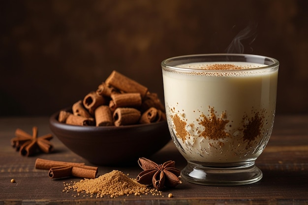 Glass of salep or sahlep on brown background