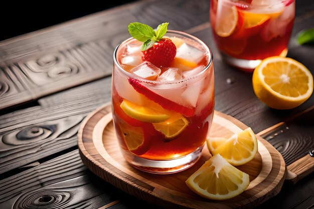 A glass of sangria with lemon slices and a slice of lemon on a wooden board.