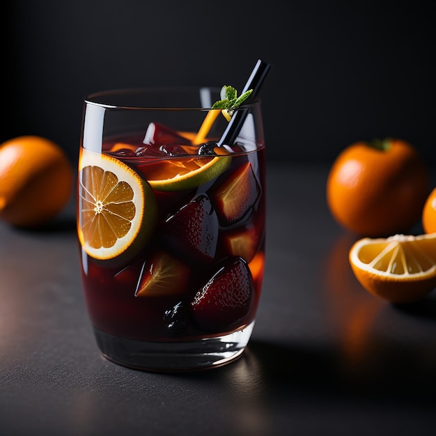 A glass of sangria with a straw in it and oranges on a table.