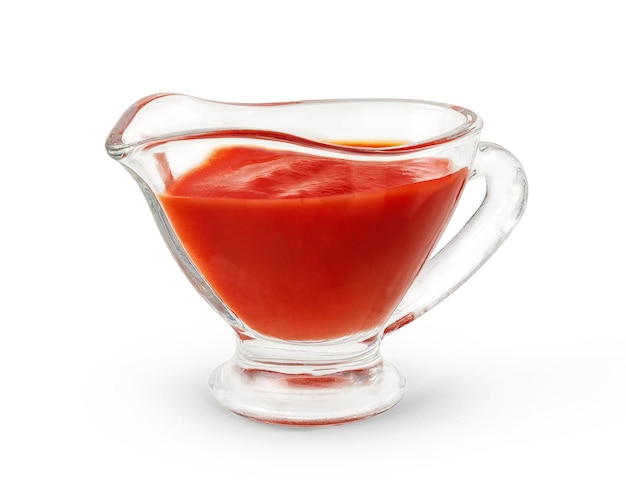 Glass saucer with ketchup isolated on white background High quality photo