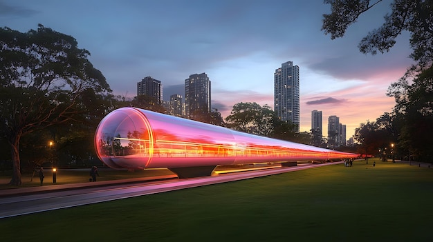 Photo a glass sculpture of a building with a red light on it