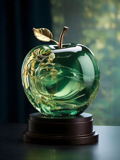 Glass sculpture of a green apple inlaid with gold