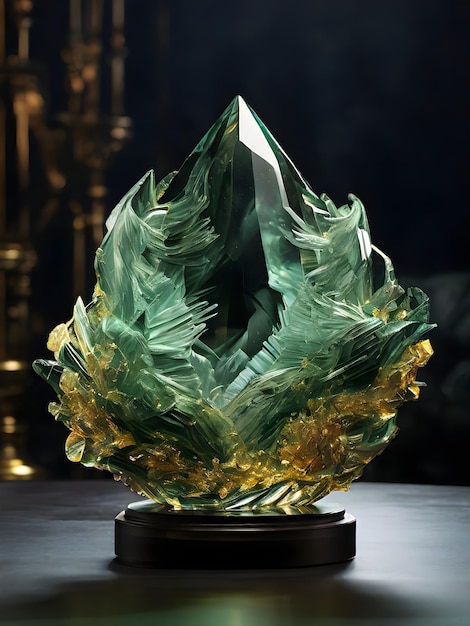 Glass sculpture of a jewel in green and gold