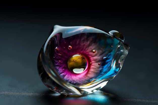 A glass sculpture with a blue and pink eye