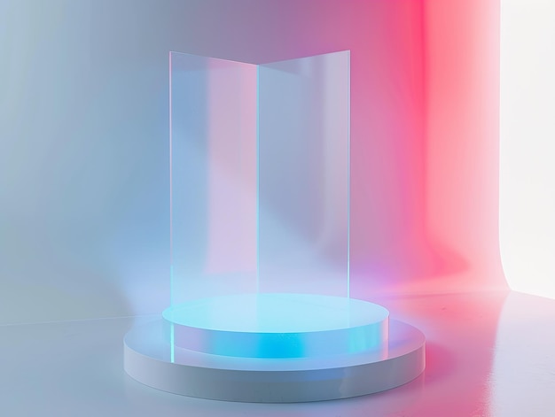 a glass sculpture with a red and blue light on it