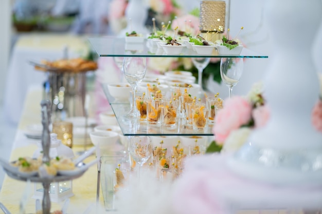 Glass shots pastry wedding catering food mini canapes food tasty dessert Beautiful decorate cate