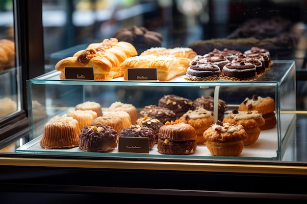 Glass showcase of pastry shop with variety of fresh cakes and pastries