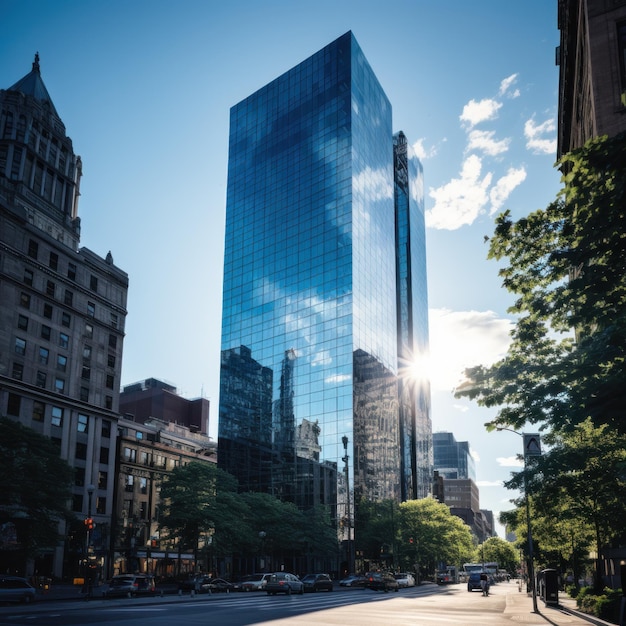 glass skyscraper reflecting the blue sky and surrounding buildings