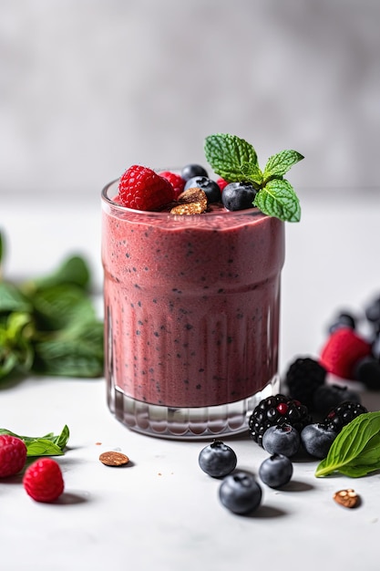 A glass of smoothie with berries and mint on the side