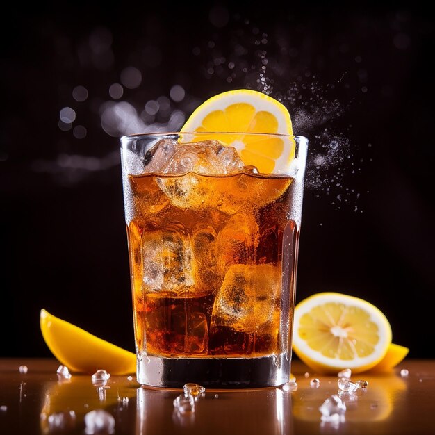 a glass of soda with lemon slices and a lemon wedge.