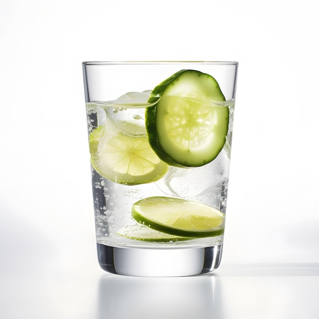 A glass of sparkling water with slices of lemon lime and cucumber Generative AI