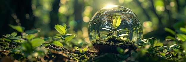 Photo a glass sphere containing small plants growing in the soil with blur green trees and sunlight on background