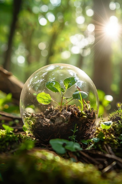 Photo a glass sphere containing small plants growing in the soil with blur green trees and sunlight on background