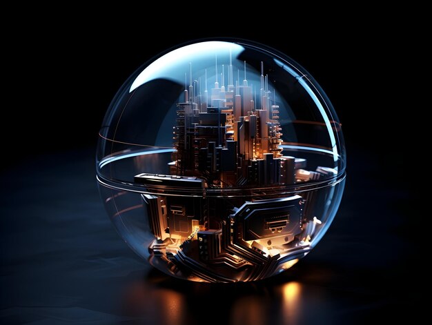 Glass Sphere Illuminating Futuristic Digital Landscape with Circuits and Glowing Structures