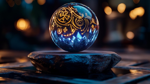 Photo a glass sphere with glowing symbols levitating above a wooden base