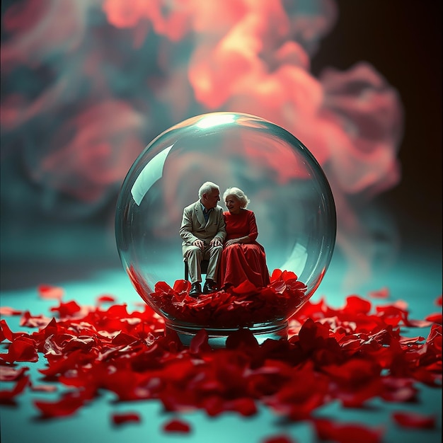 Photo a glass sphere with man inside sits on a surface scattered