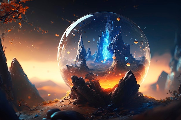 A glass sphere with a mountain and a blue iceberg in the center.