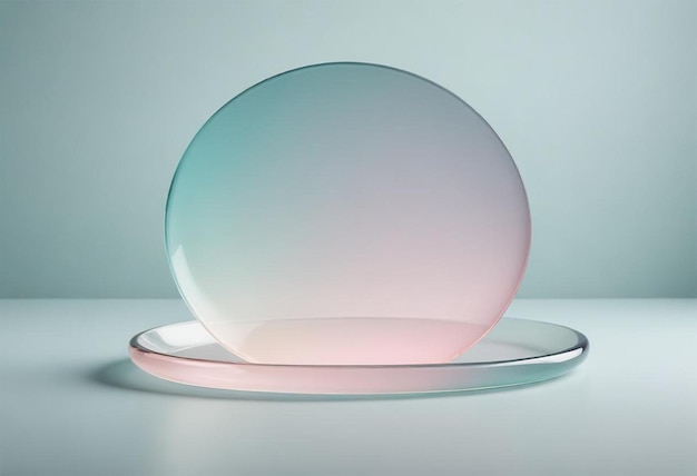 a glass sphere with a pink base is on a white table