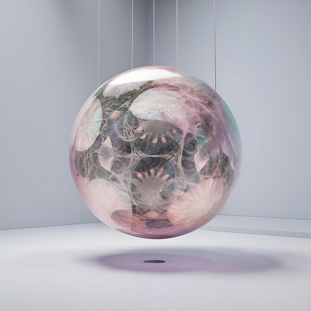 Photo a glass sphere with a pink and purple design on it