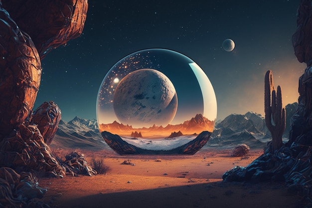 A glass sphere with a planet in the background