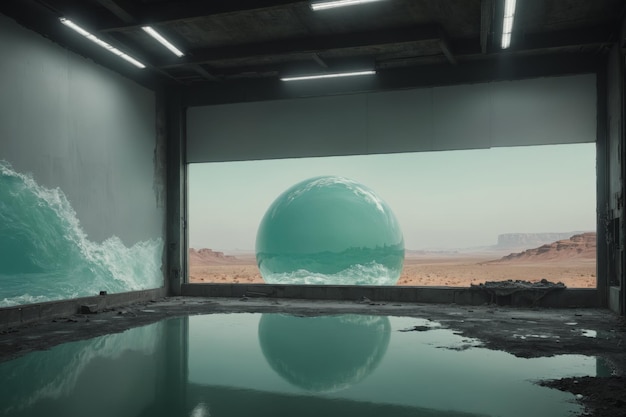 a glass sphere with a reflection of a large object in the water