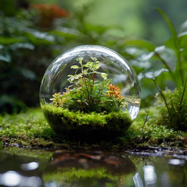 A glass sphere with transparency placed on a green damp surface