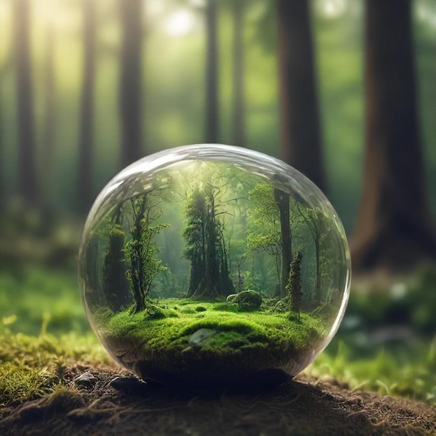 a glass sphere with trees in the background