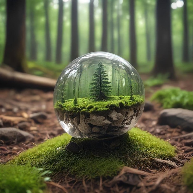 Photo a glass sphere with trees and a forest in the background