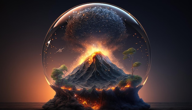 A glass sphere with a volcano in it