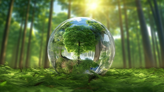 Glass sphere zooming fragment of the forest environmental ecology green house Generated AI