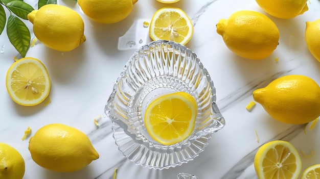 Photo glass squeezer and fresh lemons on white marble table