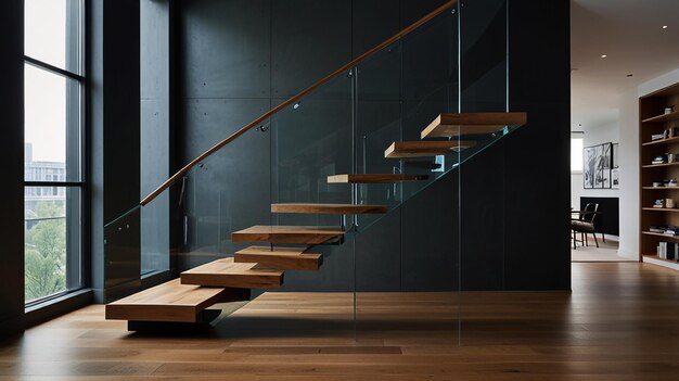 Photo a glass stair case with a wooden stair case in the middle