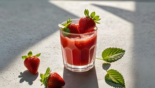 Photo glass of strawberries juice fresh strawberries slices garnished with mint leaves served on white