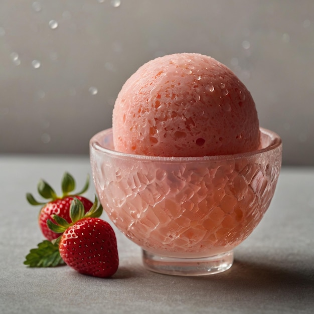 a glass of strawberry ice cream with a strawberry in it