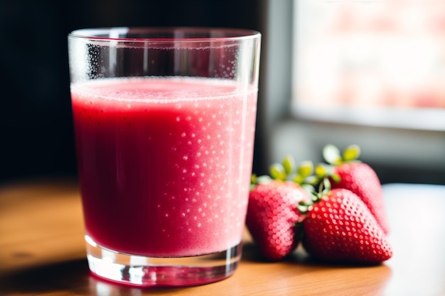 A glass of strawberry juice next to a pile of strawberries.