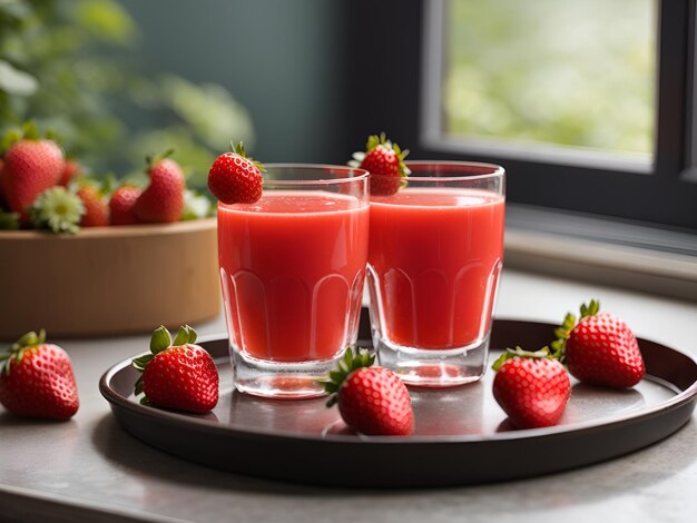 A glass of strawberry juice and strawberries on a plate