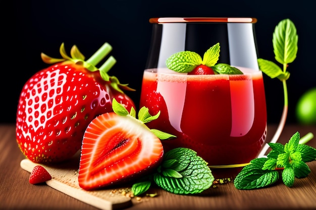 A glass of strawberry juice next to a strawberry