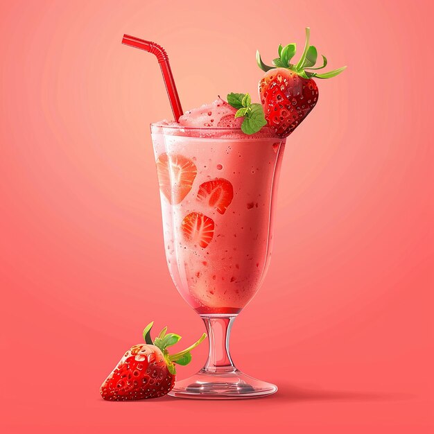 a glass of strawberry juice with ice cream and strawberries on top