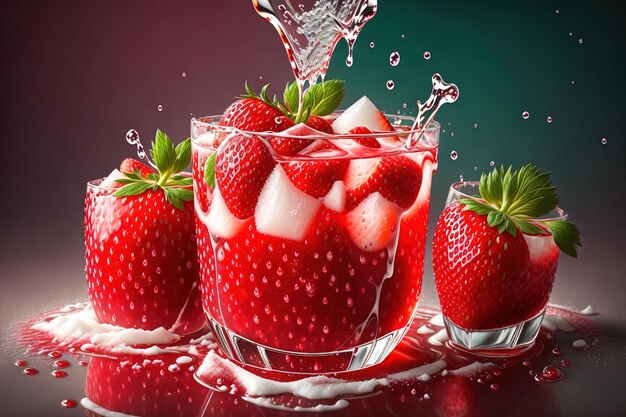 A glass of strawberry juice with ice cubes and a splash of water.